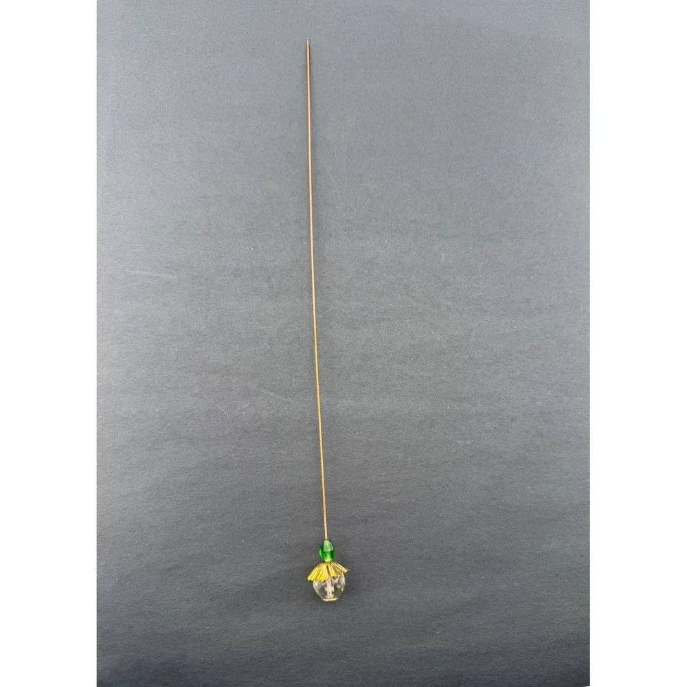 Vintage Hat Pin‎ Gold Tone Green Clear Faceted Glass Bead